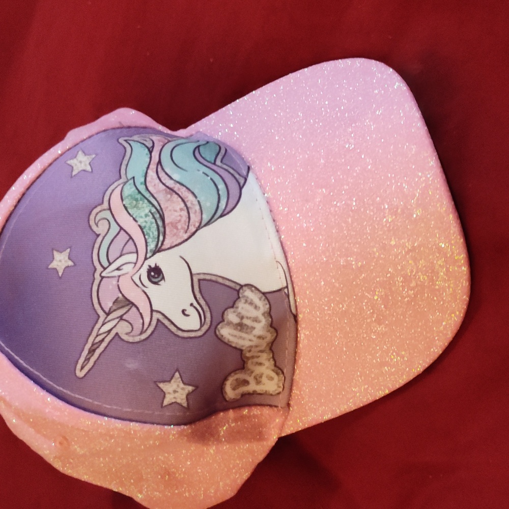 Baseball style unicorn rainbow sparkle Barbie hat for a girl.